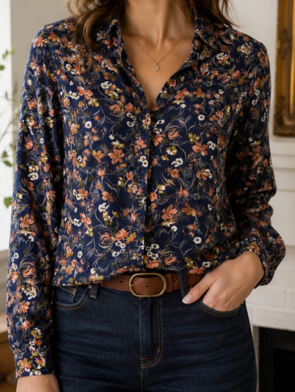 Johnathon Martin Women's Navy Floral Button-Up Blouse